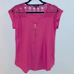 Express short-sleeved blouse with lace detail. Size small.